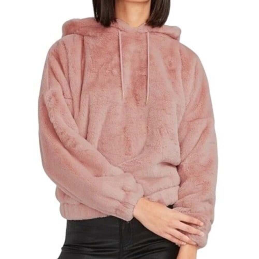 Express Women's Mauve Pink Plush Long Sleeve Faux Fur Pullover Hoodie Size M